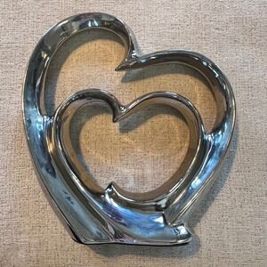 Silver Double Heart Sculpture Modern Chrome Interlocking Heart Decor 12 Inch